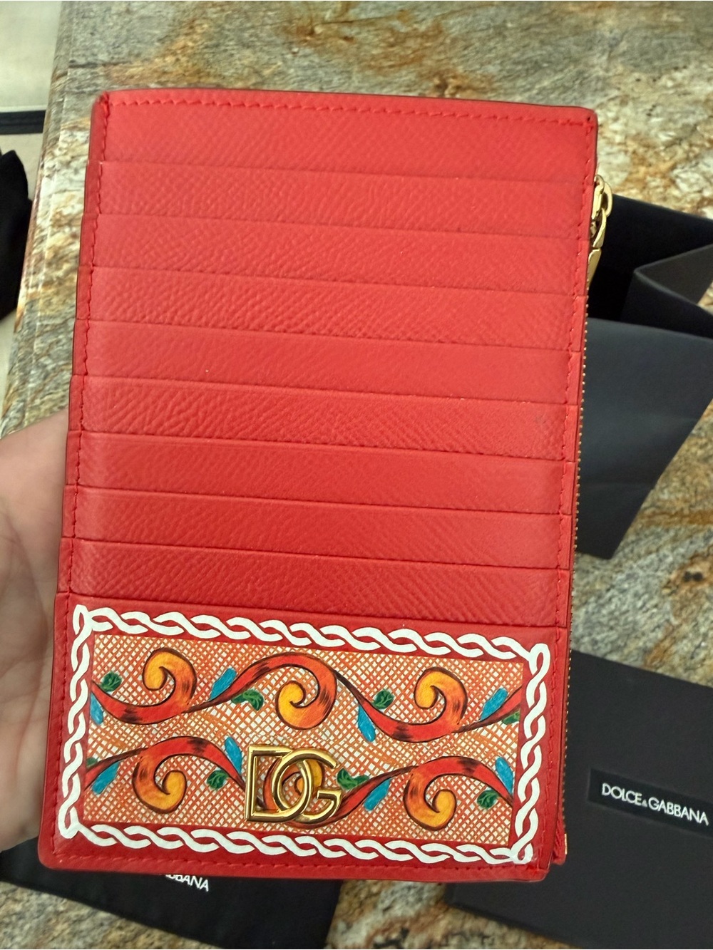 Dolce & Gabbana Carretto Print Leather Zip Card Case Wallet